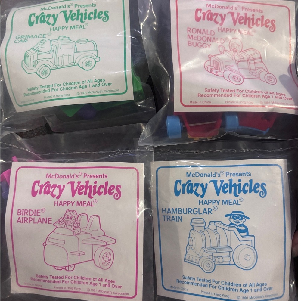 Set of 4 Vintage Crazy Vehicles 1991 Train Car Buggy Airplane New Sealed NOS